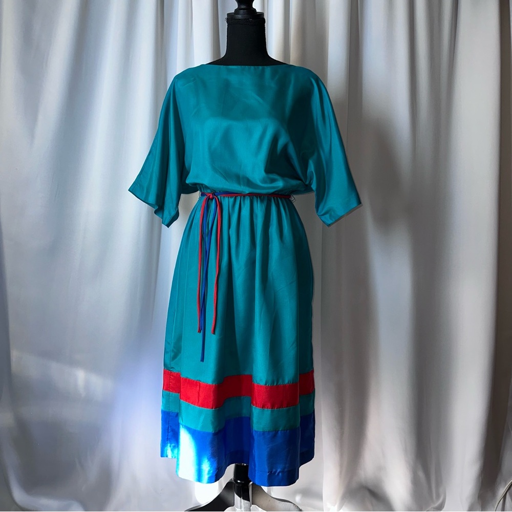 Jerell Of Texas Vintage 1970’s Belted Midi Dress Teal Red‎ Blue Sm? Disco Boho